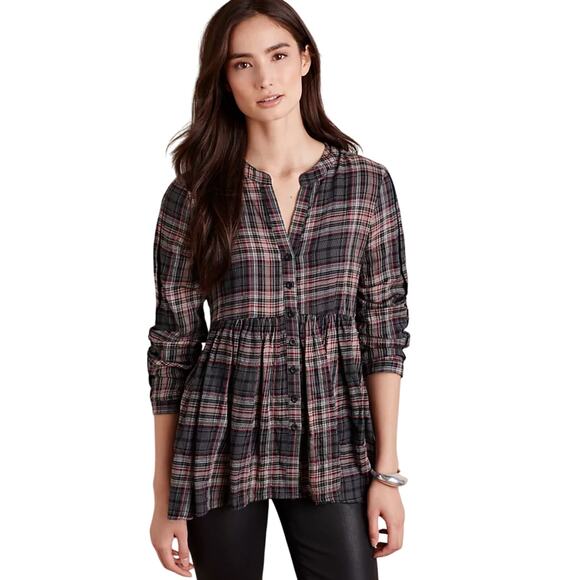 ANTHROPOLOGIE THYLO Women’s Plaid Button Front Peplum Blouse - Picture 1 of 5